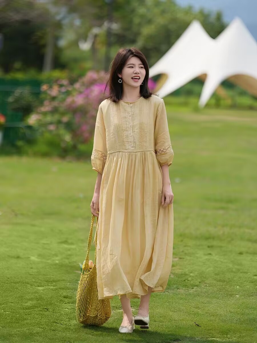 휴가 바람 레트로 여성 드레스 우아한 라미 레이스 레이스 벌룬 소매 레이스업 품격 치마