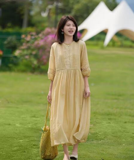 휴가 바람 레트로 여성 드레스 우아한 라미 레이스 레이스 벌룬 소매 레이스업 품격 치마
