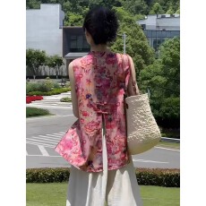 批发国风新中式盘扣衬衫夏季时尚背心马甲宽松显瘦套装