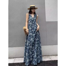 批发V领宽松大码胖mm遮肚显瘦<b class='q'>连衣裙</b>女加长款长裙」