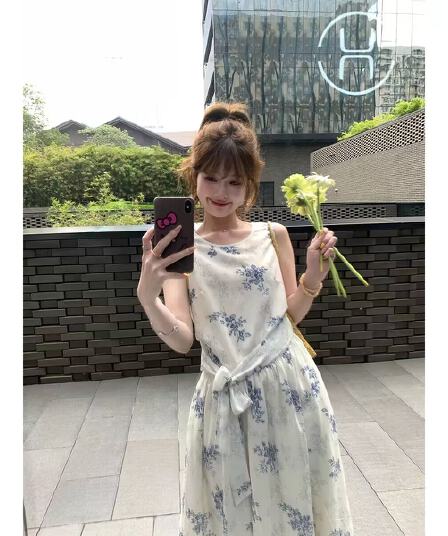 레트로 식물 프린트 루즈핏 롱 코트 꽃무늬 치마 레이스업 민소매 드레스