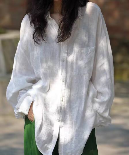 가을 느긋한 느슨함 문예 기초 섹션 화이트 아마 루즈핏 대 셔츠