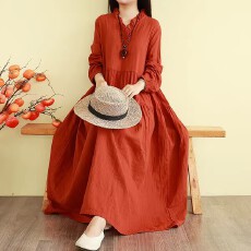 批发复古文艺棉麻<b class='q'>连衣裙</b>秋季长款过膝大摆气质麻料长裙子宽松森系纯色