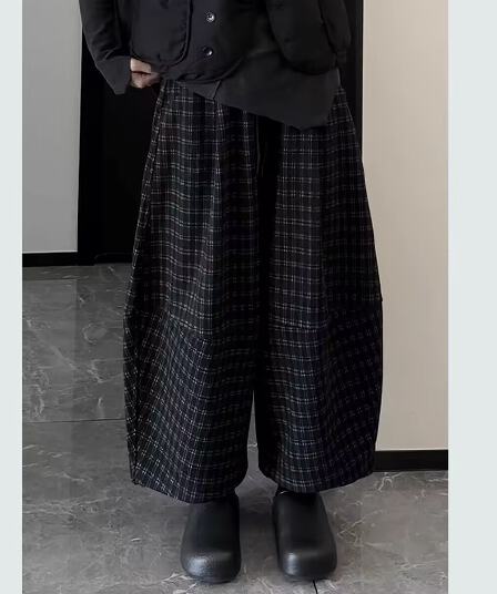 모직 레트로 느긋한 바람 체크무늬 캐주얼 모통이 칼 바지 여성 봄 가을 높은 품질 와이드 레그 팬츠 배기 바지