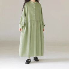 批发清新芦苇绿半开门襟灯芯绒<b class='q'>连衣裙</b> 长袖宽松大摆<b class='q'>文艺</b>百搭长裙