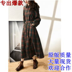 批发外贸原单意大利剪标出口秋季新款系带显腰身衬衣外套复古连衣裙女