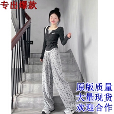 批发真实美式复古v领假两件长袖t恤<b class='q'>女</b>春夏显瘦甜辣妹休闲<b class='q'>长裤</b>