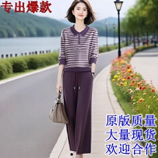 批发素雅订制女装原创<b class='q'>品牌</b>店时尚翻领条纹针织衫松紧腰直筒裤两件套装