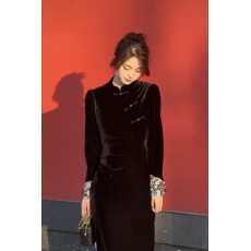 批发LZY知音D19203Z新中式<b class='q'>春</b>季新款开叉连衣裙中高腰显瘦气质长袖裙子