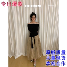 批发chic nini法式<b class='q'>欧根纱</b>波点半身裙女纱裙秋季一字肩上衣+网纱裙<b class='q'>套装</b>