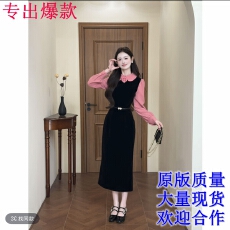 批发如楚颜七七<b class='q'>娃娃</b>领撞色丝绒拼接收腰<b class='q'>连衣裙</b>韩系可爱风