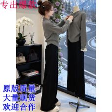 批发灰色翻领毛衣女<b class='q'>春</b>季韩系慵懒高级感加厚蕾丝内搭裤子套装两件套