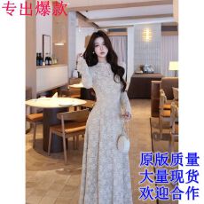 批发木子李的李缕香国韵新中式立领盘扣蕾丝连衣裙收腰大摆内衬加绒