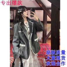 批发Bull0313一个叁漫雪柏林 灰色西装外套少女蕾丝花边毛呢西服