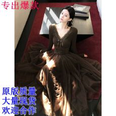 批发从一时刻<b class='q'>木</b>上痕清冷感假两件连衣裙V领蕾丝拼接网纱大摆长裙