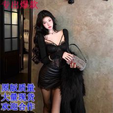 批发御姐辣妹<b class='q'>套装</b>裙女秋季设计感黑色<b class='q'>蕾丝</b>鱼骨长袖上衣包臀皮裙短裙子