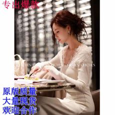批发CHICHEN-340g温柔氛围感蕾丝V领针织<b class='q'>连衣裙</b>收腰显瘦<b class='q'>长裙</b>