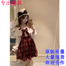 批发森女系原创想去海边 暖色圣诞 可爱甜美一字肩红格子连衣裙