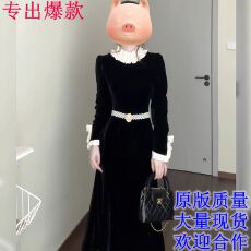 批发法式高级感千金风黑色丝绒连衣裙女复古蕾丝领收腰显瘦长裙气质冬
