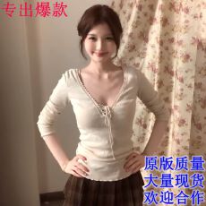 批发bm风纯欲<b class='q'>蕾丝</b>绑带V领长袖t恤女秋冬内搭<b class='q'>打底衫</b>修身显瘦甜辣妹上衣