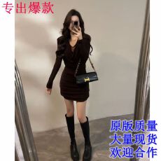 批发大婷婷拼接蕾丝辣妹荡领褶皱连衣裙长袖秋冬时尚显瘦裙子