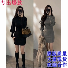 批发大婷婷复古冬季<b class='q'>灯笼</b>袖半高领连衣<b class='q'>裙</b>秋冬<b class='q'>裙</b>子褶皱收腰短<b class='q'>裙</b>