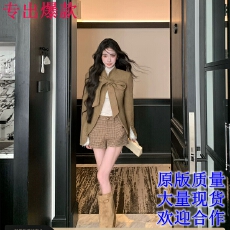 批发Barb Chill复古夹棉呢子外套女冬季30羊毛蝴蝶结开衫上衣格子短裤