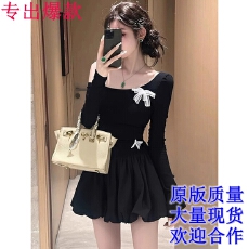 批发赫本风黑色露肩蝴蝶结连衣裙女秋冬收腰显瘦小个子别致漂亮短裙子