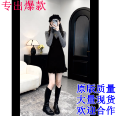 批发纯欲辣妹半高领波点上衣女早秋收腰丝绒<b class='q'>连衣裙</b>两件套