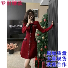 批发2025年新年女装圆领针织<b class='q'>连衣裙</b><b class='q'>甜美</b>收腰A字裙秋冬加厚毛衣打底裙