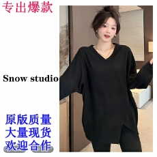 批发秋冬新款<b class='q'>百搭</b>加绒磨毛V领长袖不规则开叉打底衫T恤宽松内搭上衣女