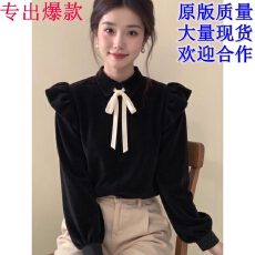 批发新中式女装黑色<b class='q'>蝴蝶结</b>小飞袖丝绒<b class='q'>衬衫</b>25冬高级感显瘦气质国风上衣