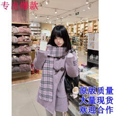 批发冬季法式千金风格纹连帽毛呢外套女小个子高级感<b class='q'>宽松</b>保暖大衣