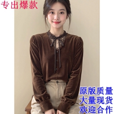 批发新中式<b class='q'>女装</b>咖色蕾丝拼接立领丝绒旗袍上衣25冬超好看国风内搭小衫