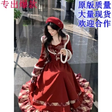 批发Blovelan圣诞颂歌酒红格纹拼接减龄大摆吊带<b class='q'>连衣裙</b>+外套新年套装