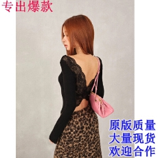 批发FORNI/YOYO 蝴蝶蕾丝 天丝醋酸露背蕾丝衫修身<b class='q'>个性</b>针织打底衫女