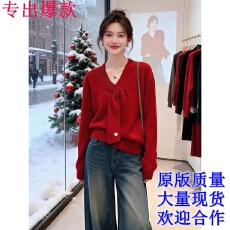 批发法式甜美风V领系带长袖针织衫女2026年冬装新款气质宽松减龄毛衣