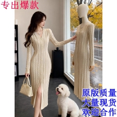 批发法式温柔风V领针织连衣裙女2026春季新款收腰开叉<b class='q'>轻熟</b>气质连衣裙