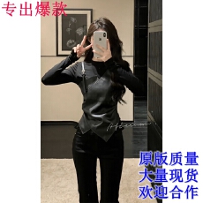 批发pu皮拼接<b class='q'>假两件</b>设计感长袖T恤女秋冬显瘦时尚打底衫上衣＋裤套装