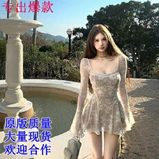 批发Tongiiuu 双生美神 重工蕾丝长袖连衣裙女辣妹收腰显瘦a字短裙春