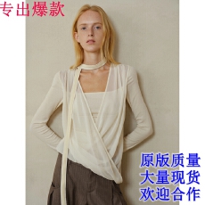 批发someone sometimes原创垂褶交叠网纱假两件丝绒挂脖羊毛针织上衣