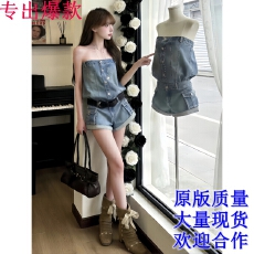批发夏季新款性感辣妹复古蓝色牛仔抹胸<b class='q'>连体</b><b class='q'>短裤</b>设计感大方得体连衣裤