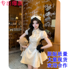 批发衣只小鹿原创女装缎面<b class='q'>蝴蝶结</b>复古甜美波点<b class='q'>连衣裙</b>法式甜心收腰裙子