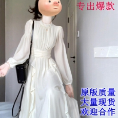 批发入秋法式连衣裙女白月光仙女裙长袖褶皱收腰订婚裙名媛生日长裙女