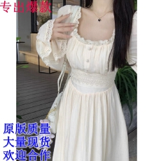 批发法式蕾丝方领长袖连衣裙女春秋装新款气质温柔收腰A字裙长裙