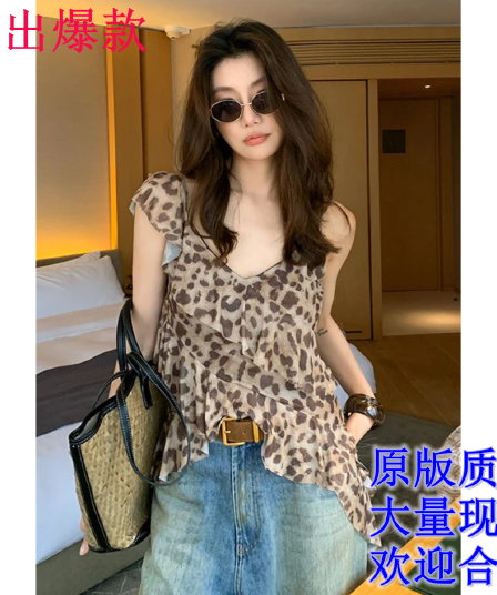용 안녕하세요. 어린이 레트로 섹시함 레오파드 무늬 민소매 조끼 맨위 여성 여름 작은 대중 디자인 센스 프릴 작은 셔츠