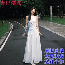 批发新款法式白色假两件无袖背心<b class='q'>连衣裙</b>子<b class='q'>女</b>夏季气质收腰工装长<b class='q'>裙</b>