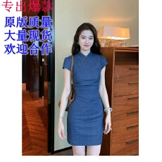 批发新中式国风年轻款改良蓝色<b class='q'>旗袍</b>女夏季复古日常可穿修身连衣裙