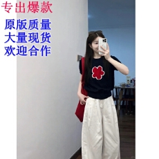 批发法式复古藏青色<b class='q'>花朵</b>圆领短袖<b class='q'>t</b><b class='q'>恤</b>女2026新款夏季宽松显瘦绝美上衣