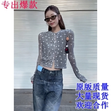 高级感波点印花短款开衫女早春季肌理感圆领露脐上衣修身收腰小衫